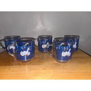 Set Of 5 Carlton 1982 Clear Glass Coffee Mugs Blue Checkered Goose Geese Duck